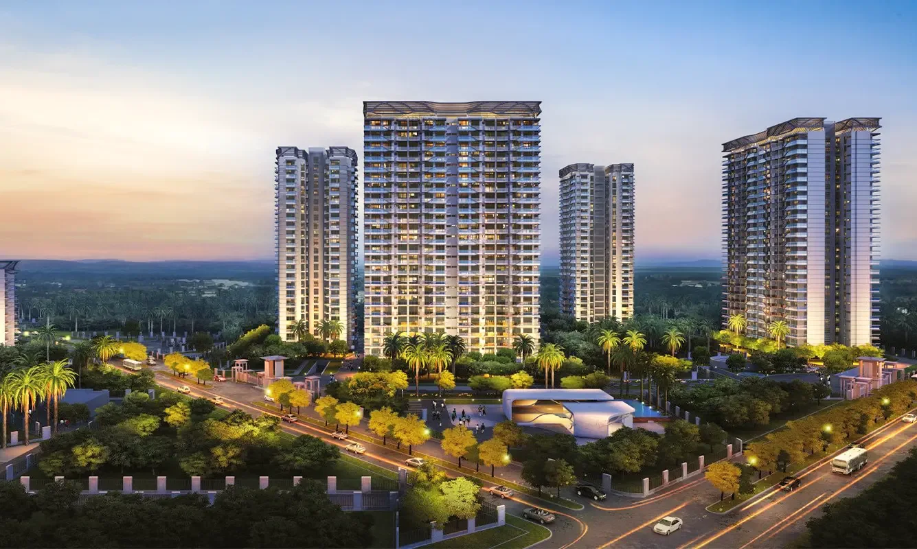 Codename Roots - the G+27 towers above the landscaped approach at dusk, Mamurdi Pune