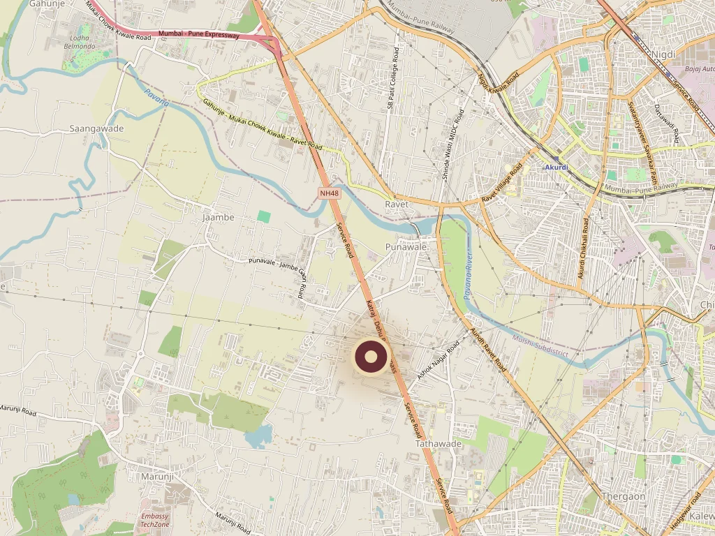 Codename Roots nearby landmarks map - Mamurdi and Dehu Road, Pune, with Ravet, Kiwale and the Mumbai-Pune Expressway